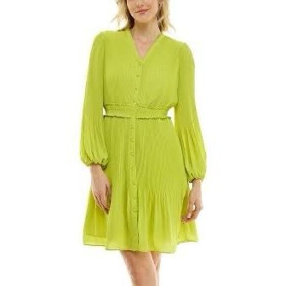 Nanette Lepore Women’s Size 14 Long Sleeve Pleated Button Up Dress Green - Picture 5 of 16